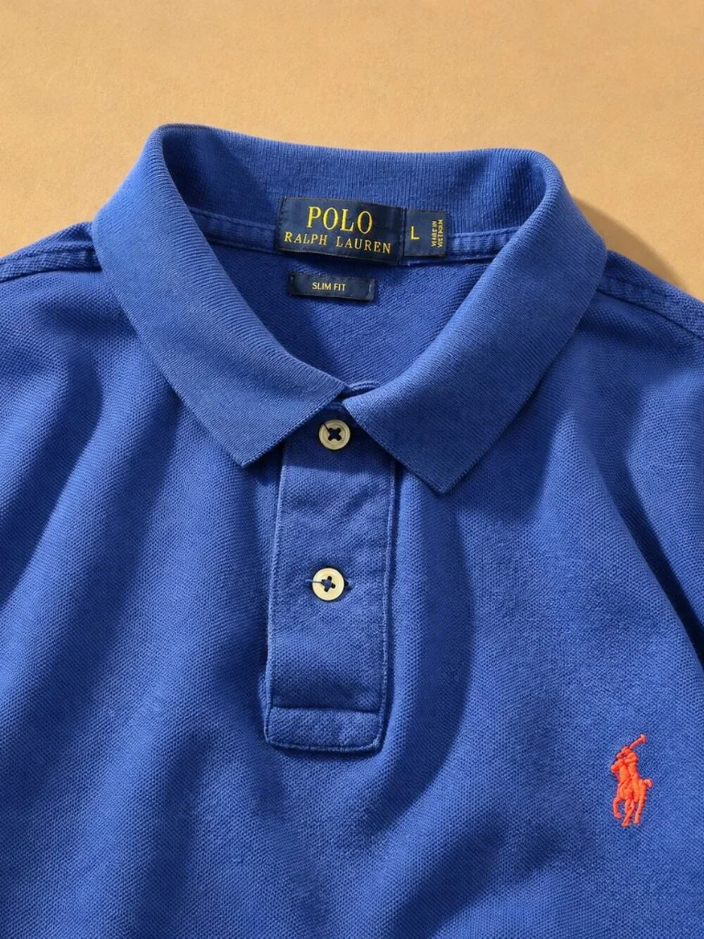 Polo Ralph Lauren Slim Fit Polo Shirt Men's Large Royal Blue Orange Pony Logo